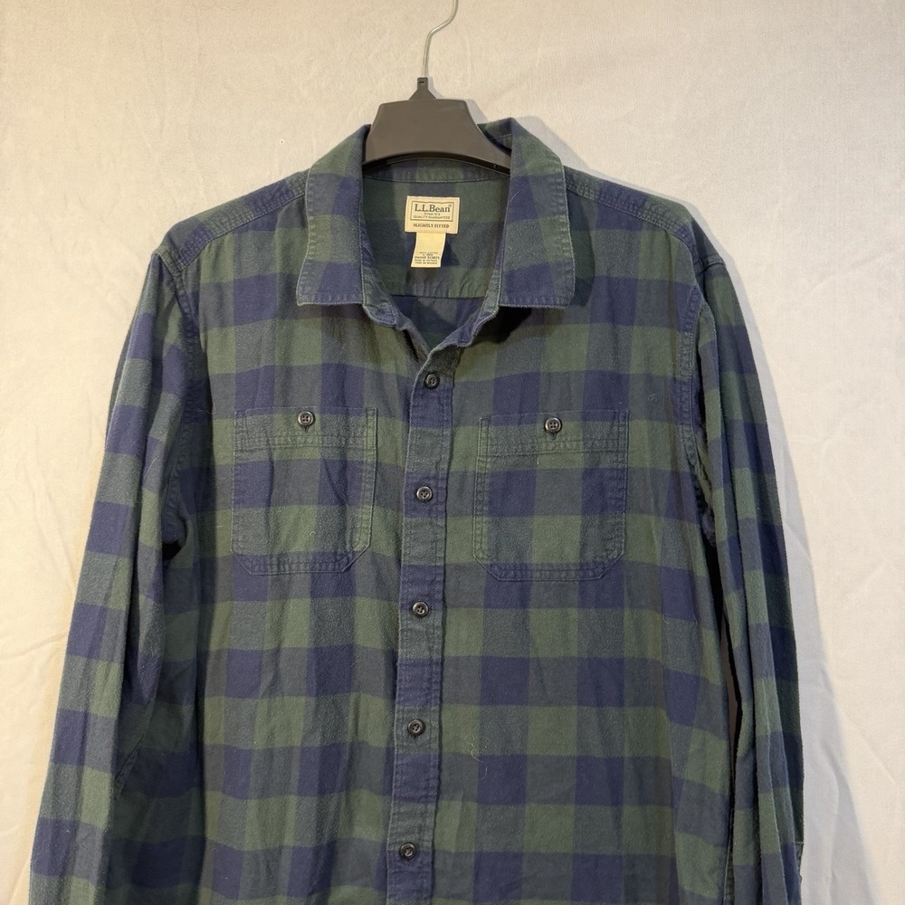 L.L.Bean Shirt Mens L Green Blue Plaid Flannel Slightly Fitted Button Front